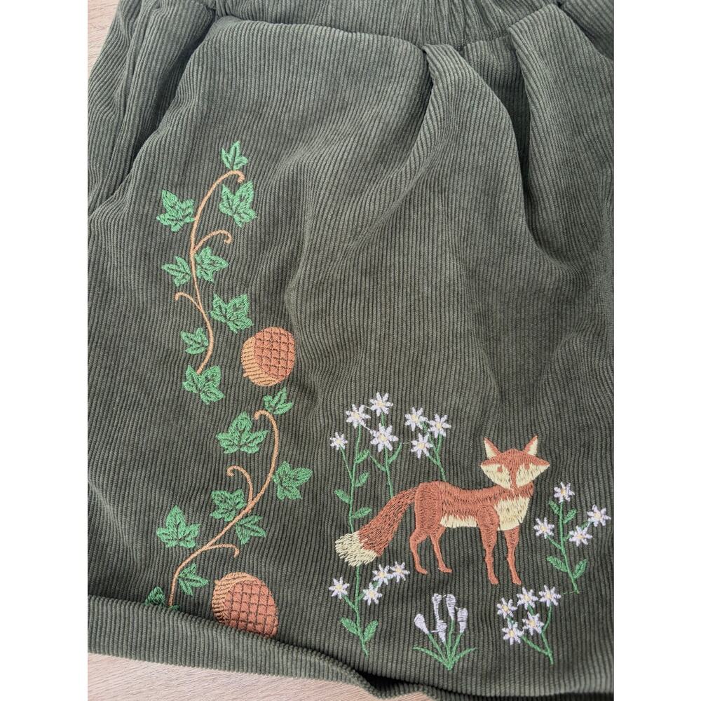 ROMWE Fairycore Green Corduroy Fox Embroidered Shorts Elastic Waist Medium 6 - Picture 10 of 14